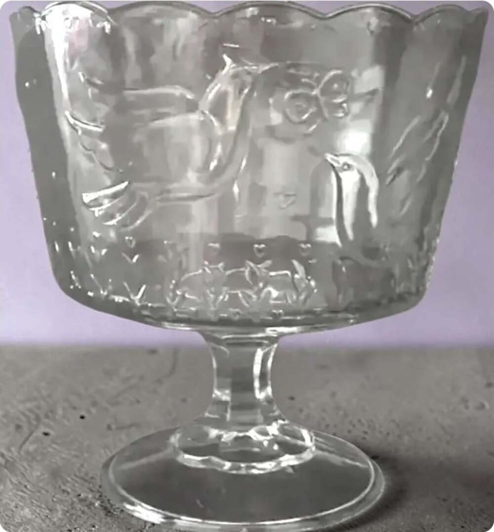 VTG Indiana Glass "Spring Garden" Birds Flowers Butterflies Trifle Footed Bowl